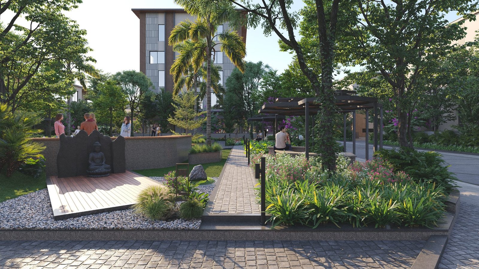 Rudhra community garden with shaded seating and lush landscaping