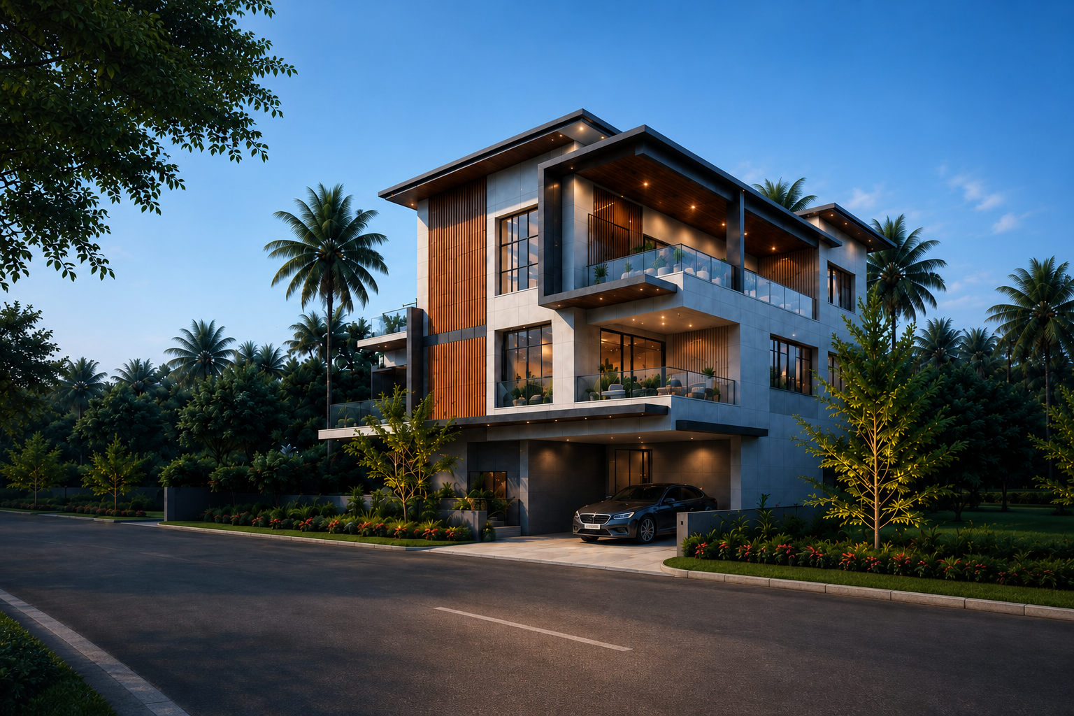 Contemporary Rudhra villa surrounded by tropical landscaping